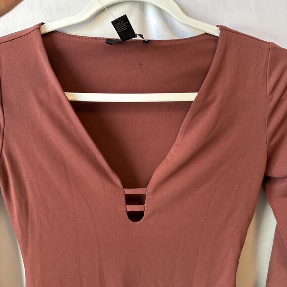 Forever 21 NWT Women's Small Sexy Long Sleeve Brown Thong Bodysuit Cut Out Fall - Picture 4 of 13